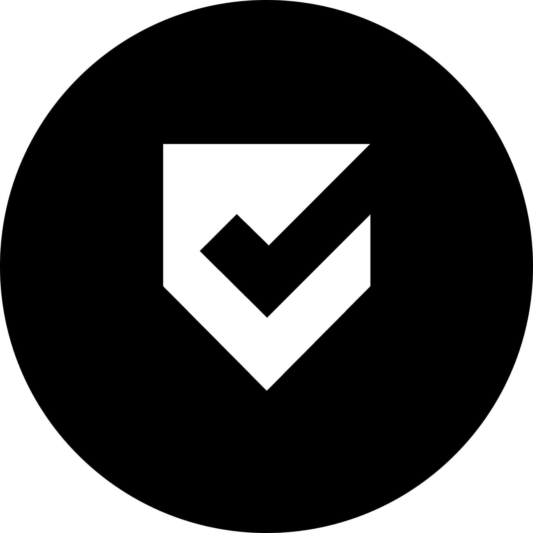 White shield with a bold black check mark inside on a black background.