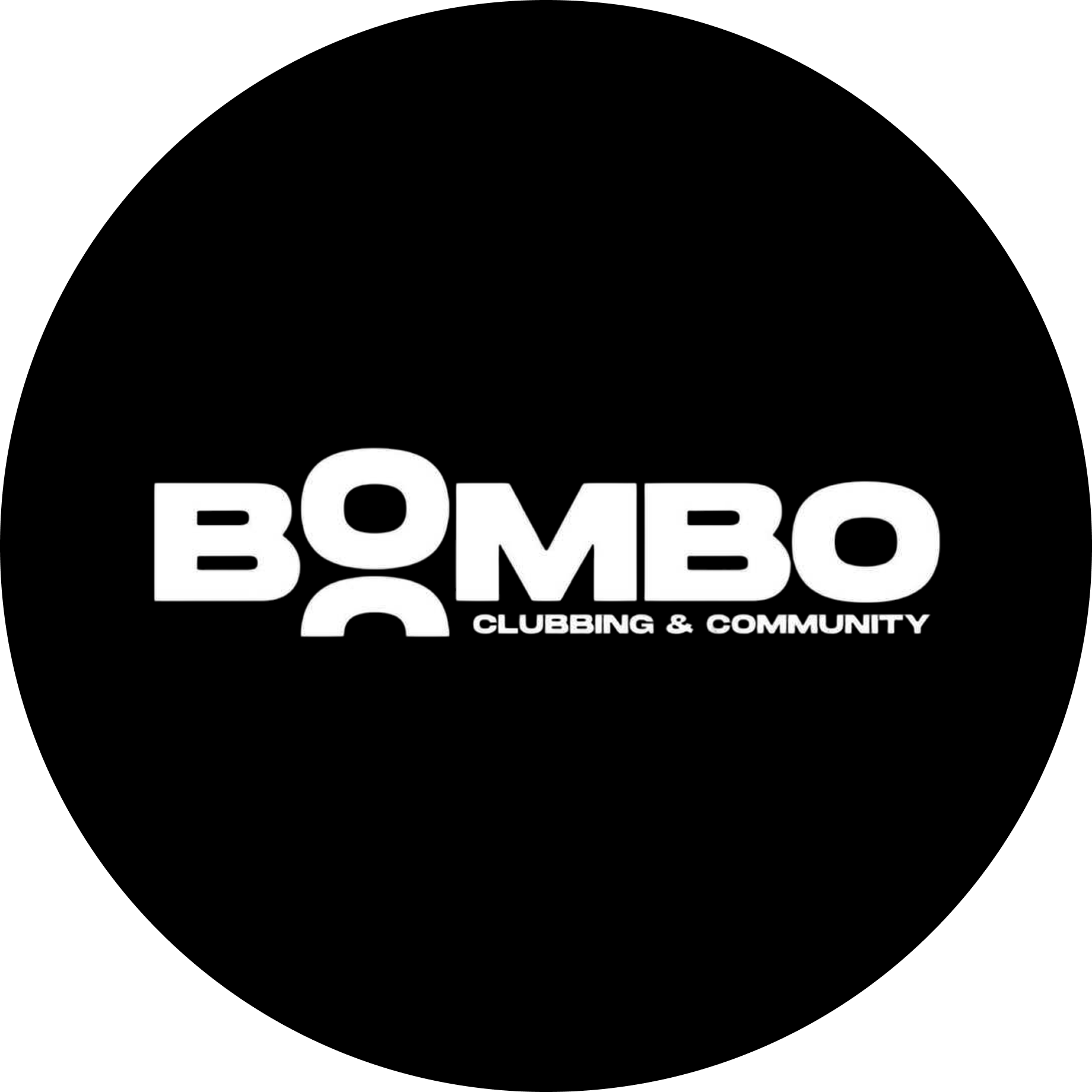 White bold text reading BOMBO with a reflection below and 'Clubbing & Community' underneath on black background.