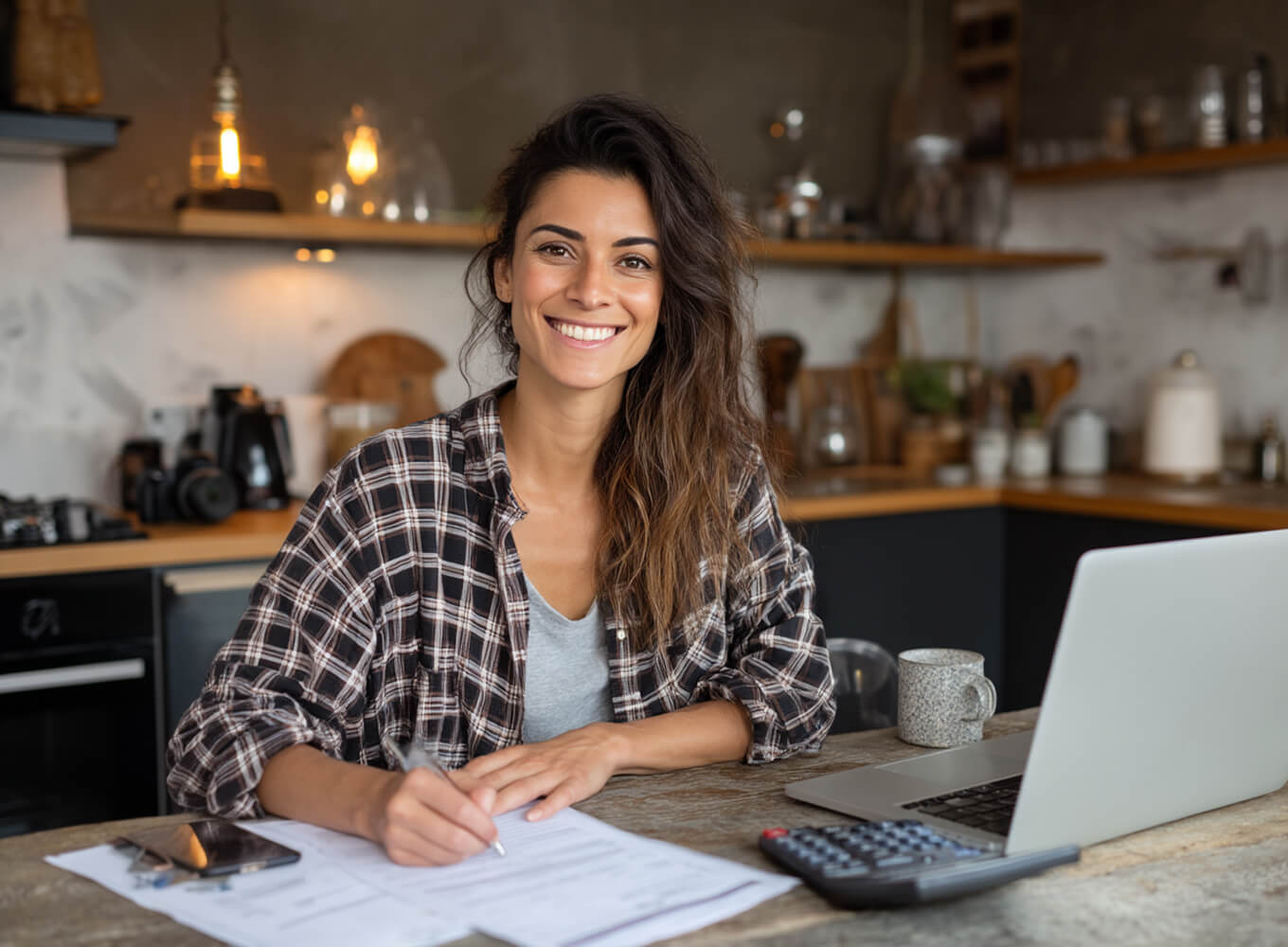 Smiling woman in a checkered shirt sitting at a kitchen table with documents, a laptop, a calculator, and a mug.