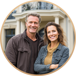 Smiling middle-aged couple standing outdoors in front of a house.