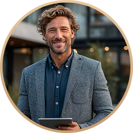 Smiling man with wavy hair wearing a gray blazer and blue shirt holding a tablet outdoors.