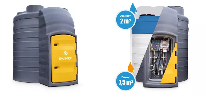 Vue interieur et extérieur de la cuve Swimer Tank Duo : Stockage 2 en 1 pour Gasoil et AdBlue