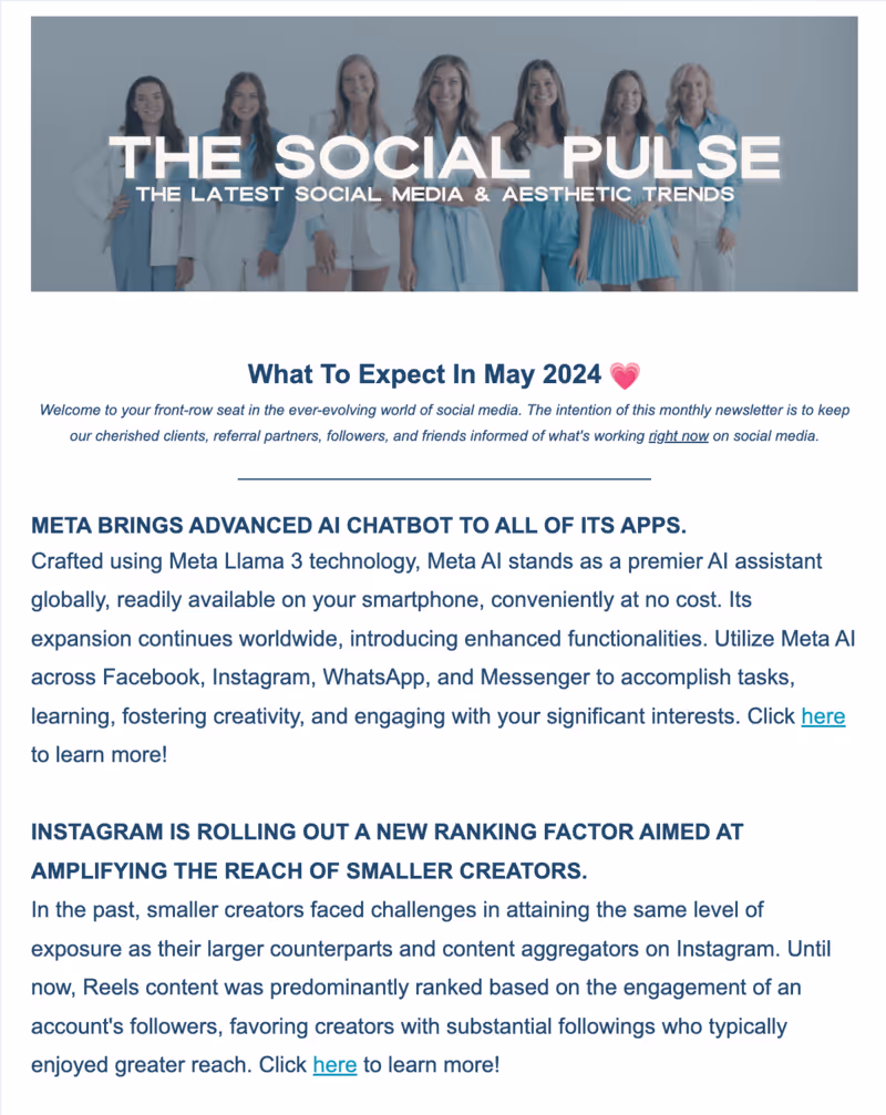 Newsletter titled The Social Pulse with six smiling women in light blue and white clothing in the header, featuring updates on Meta AI chatbot integration and Instagram's new ranking factor for smaller creators in May 2024.