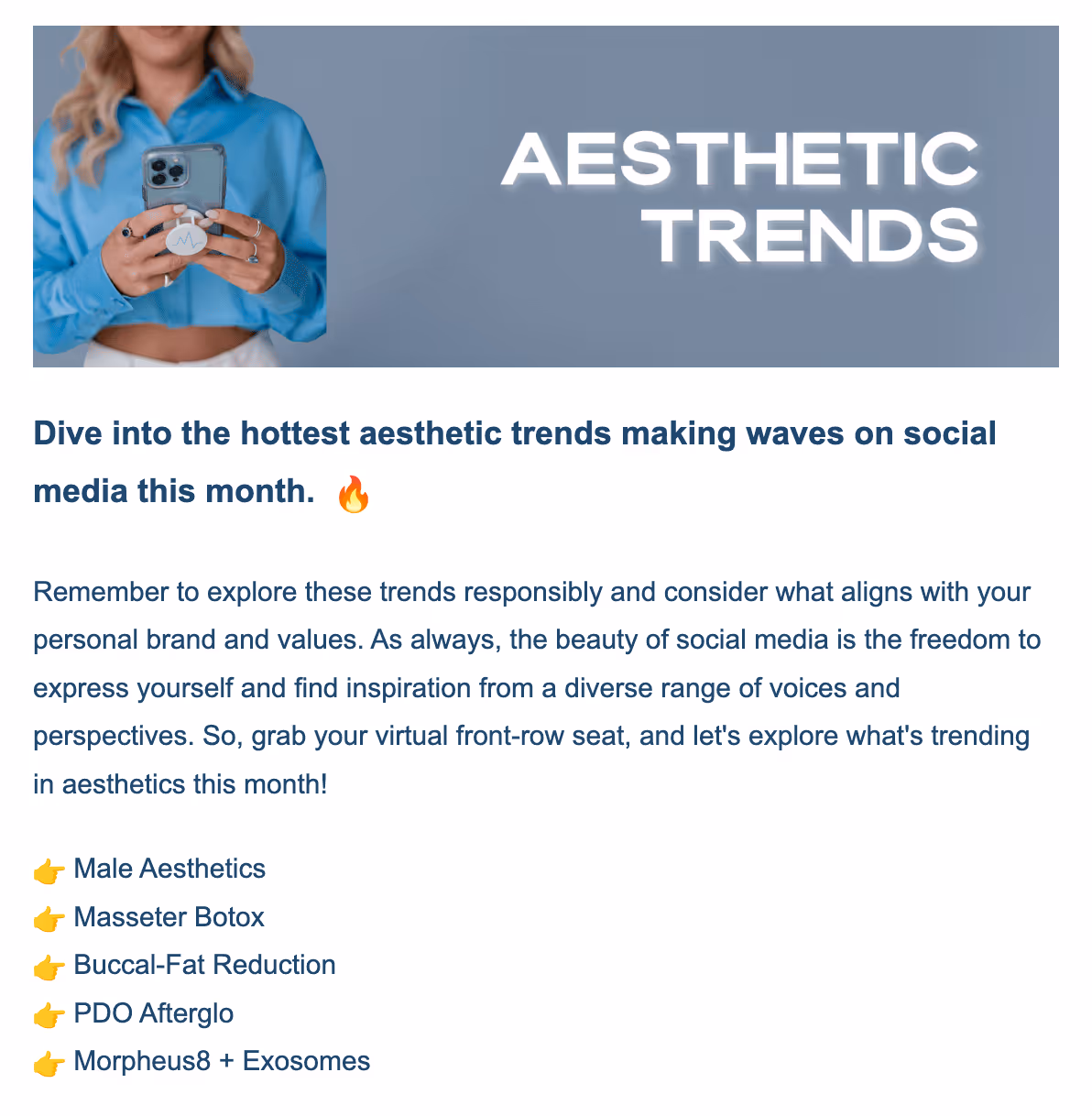Woman in blue shirt holding smartphone with text 'Aesthetic Trends' on blue-gray background.