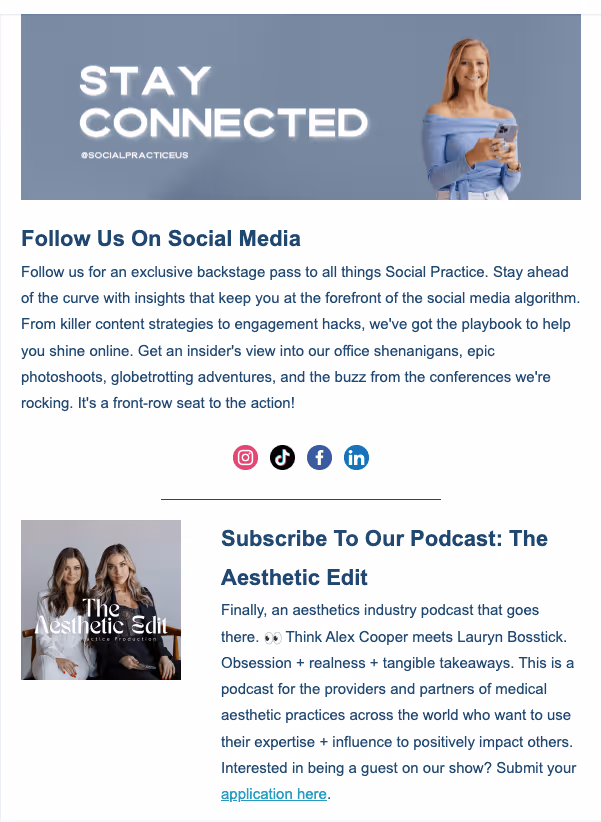 Banner with text 'STAY CONNECTED' and a smiling woman holding a smartphone on a blue background.