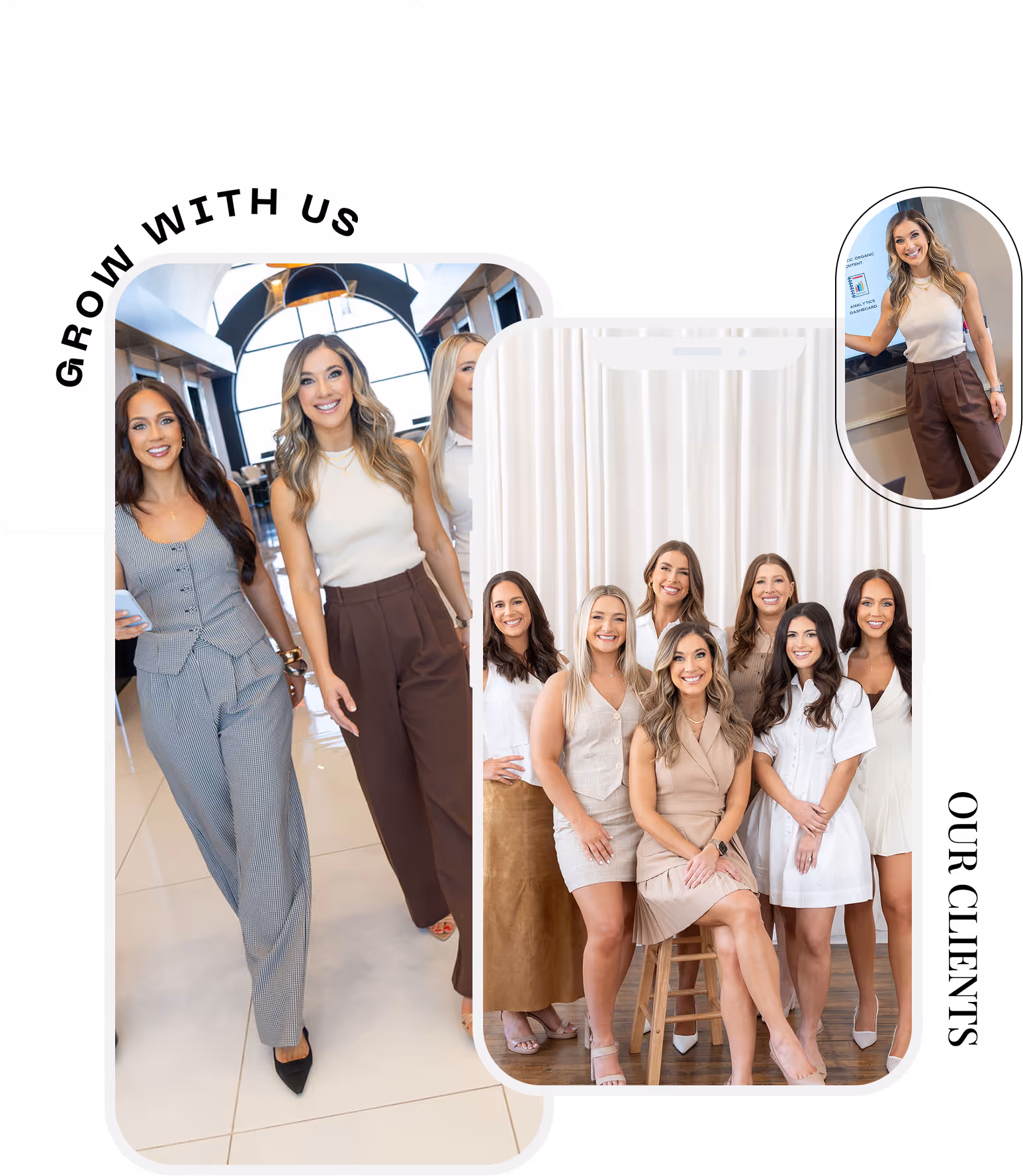 Two women smiling, one holding a laptop and the other taking a selfie, next to an image of four women sitting together smiling and taking a selfie, with text 'Grow with Us'.