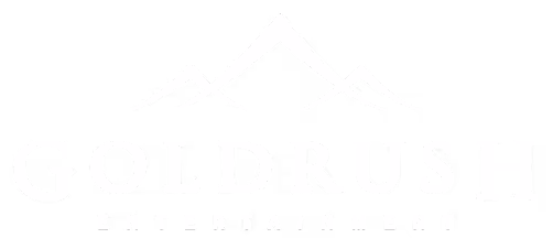 Goldrush Entertainment logo with stylized mountain peaks above the company name in serif font on a black background.