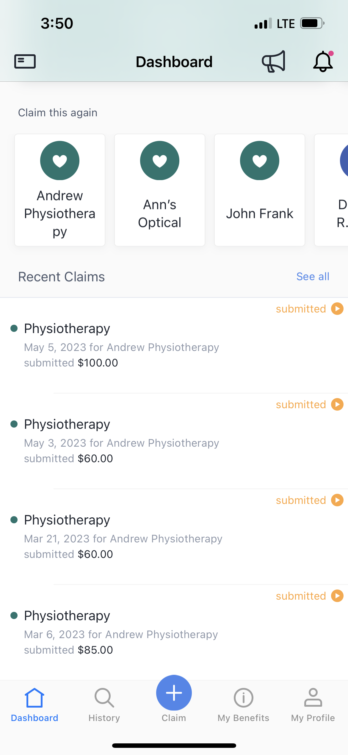 Image showing recent claims in dashboard.