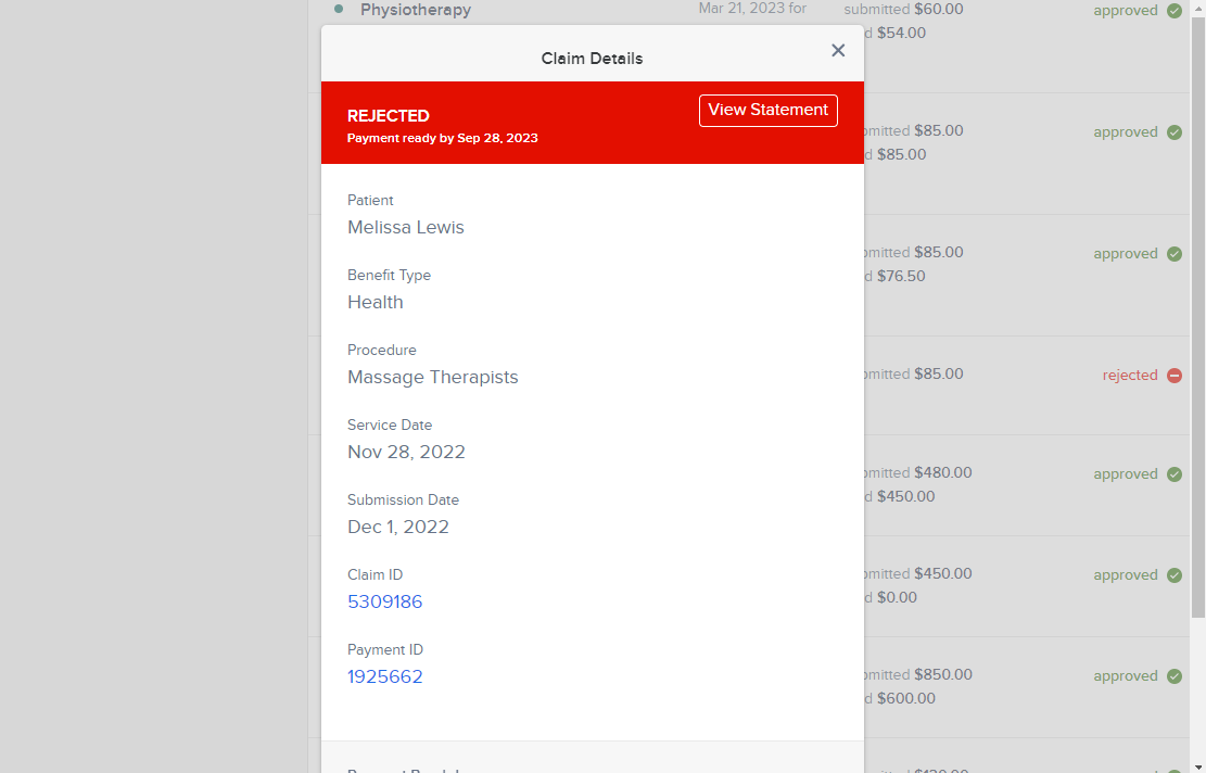 Image showing claim with a status of rejected.