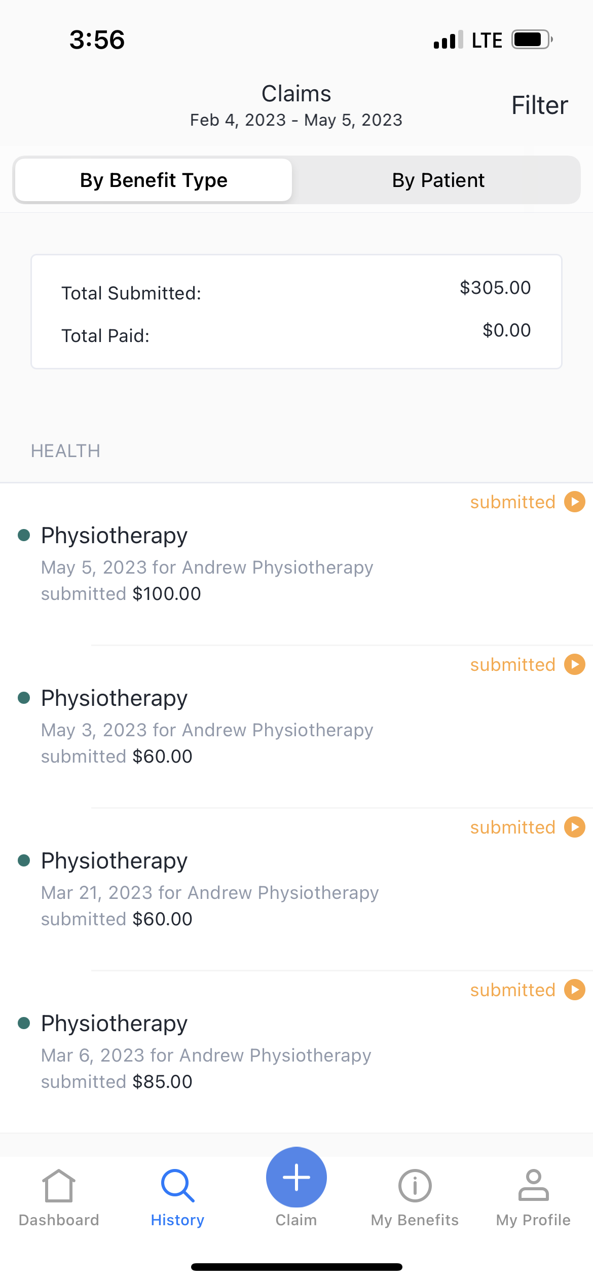 Image showing claim history in mobile app.