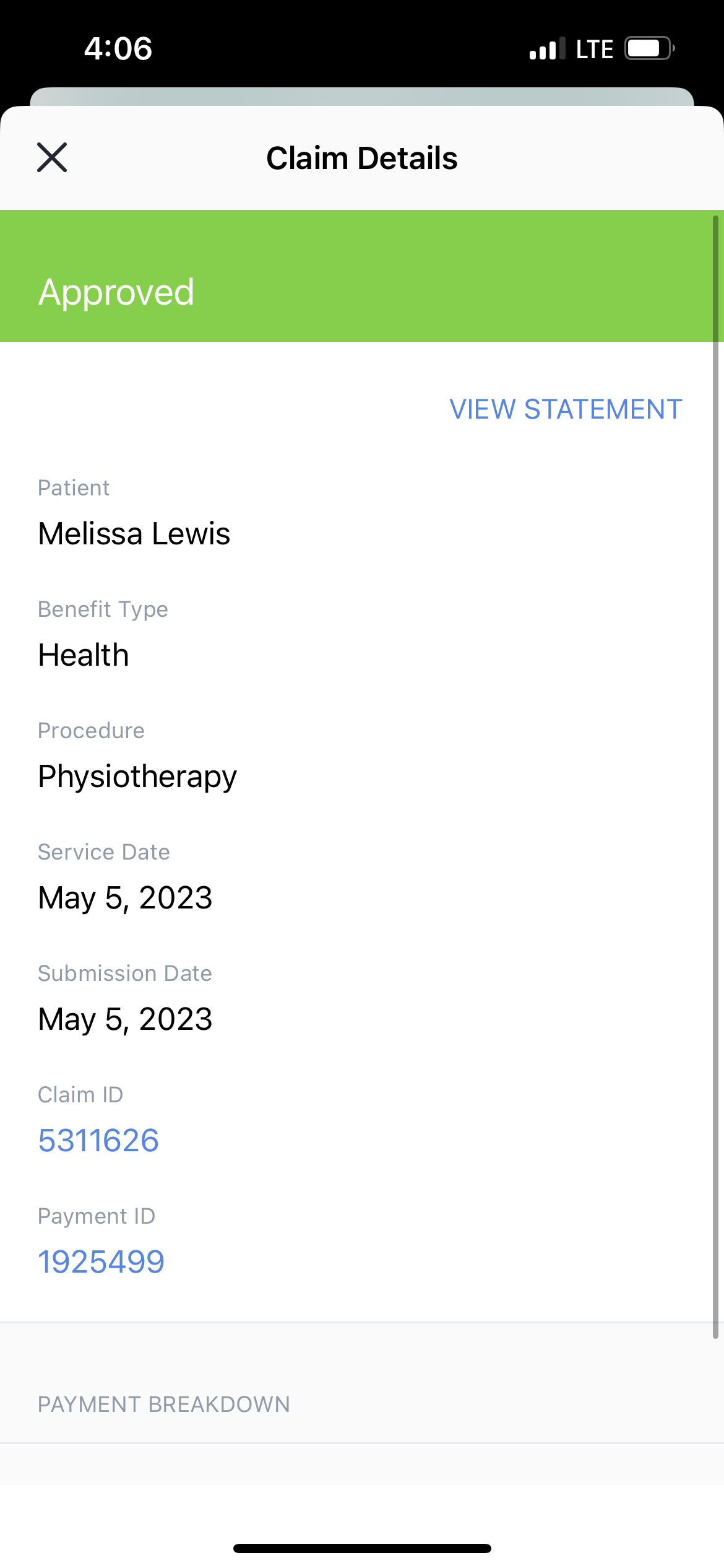 Image showing claim with a status of approved.