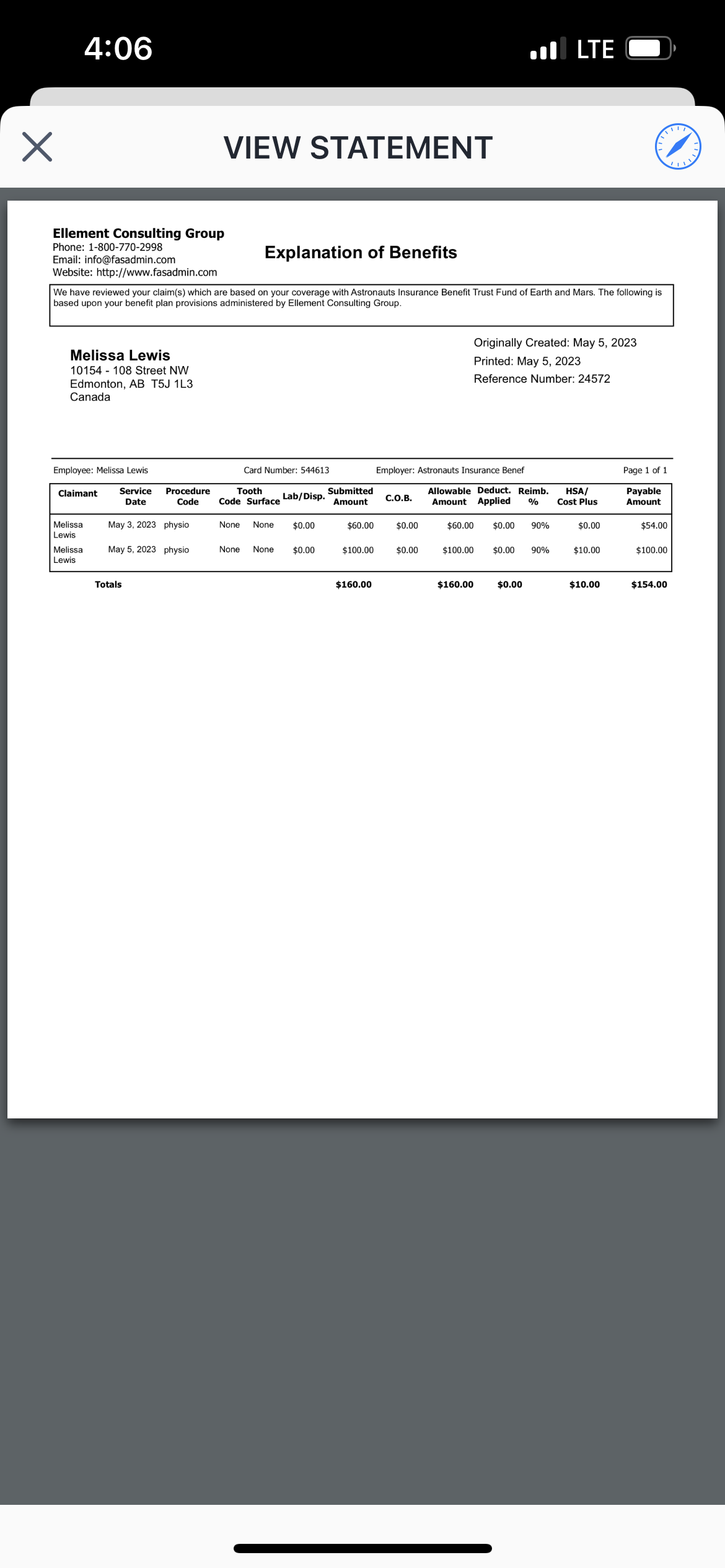 Image showing an Explanation of Benefits.