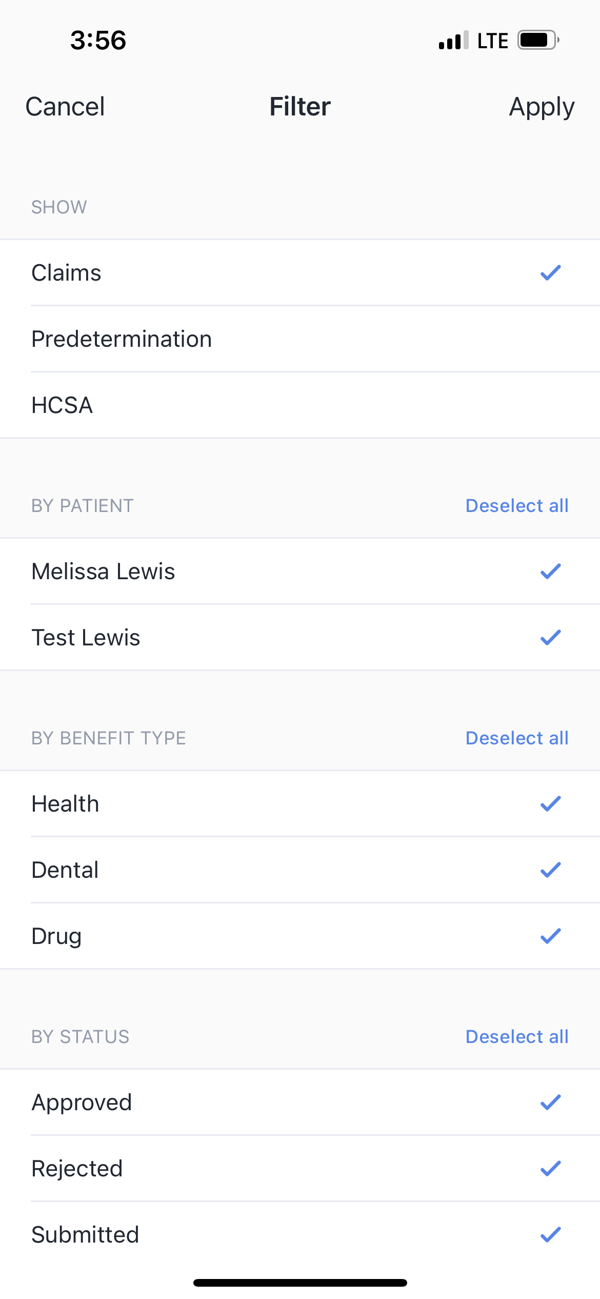 Image showing the filtering screen in mobile app.