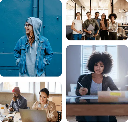Photo collage of a woman in a blue jacket, five workers standing together, a man and a woman working on computers, and a woman writing at her desk