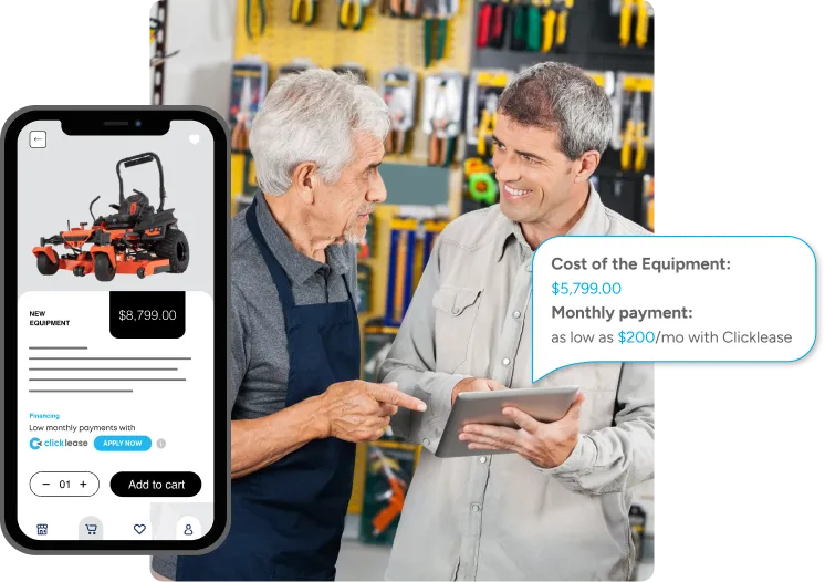 Two men talking while holding a tablet which includes an equipment financing quote