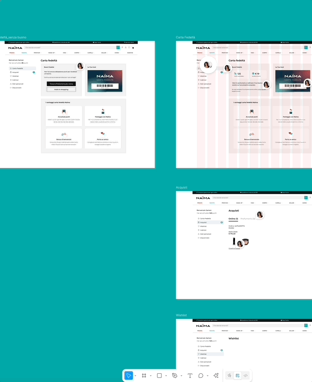 Wireframe e schermate desktop del nuovo spazio personale per utenti fidelizzati su Naima