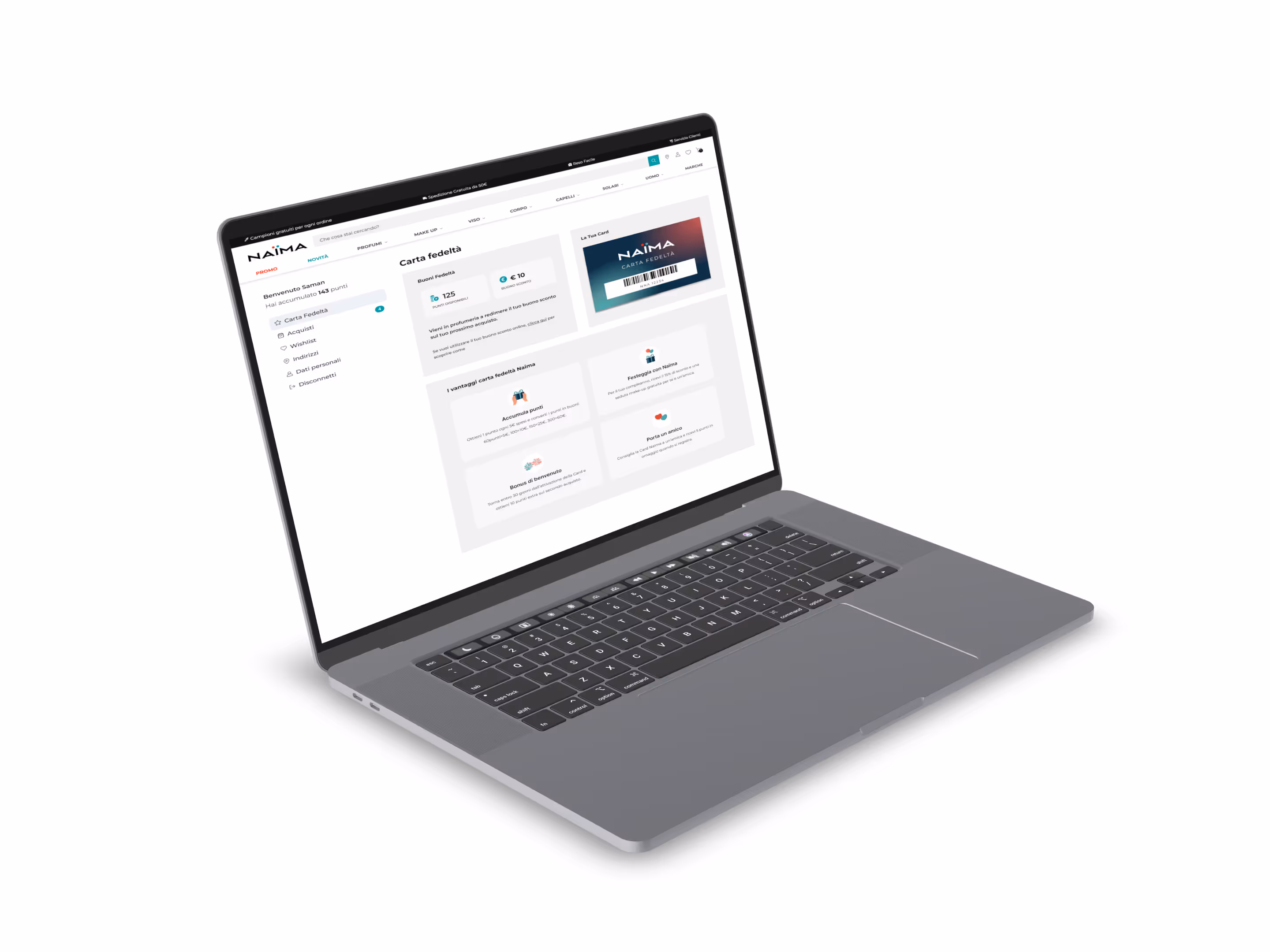 Mockup su laptop che mostra l'area personale online di Naïma