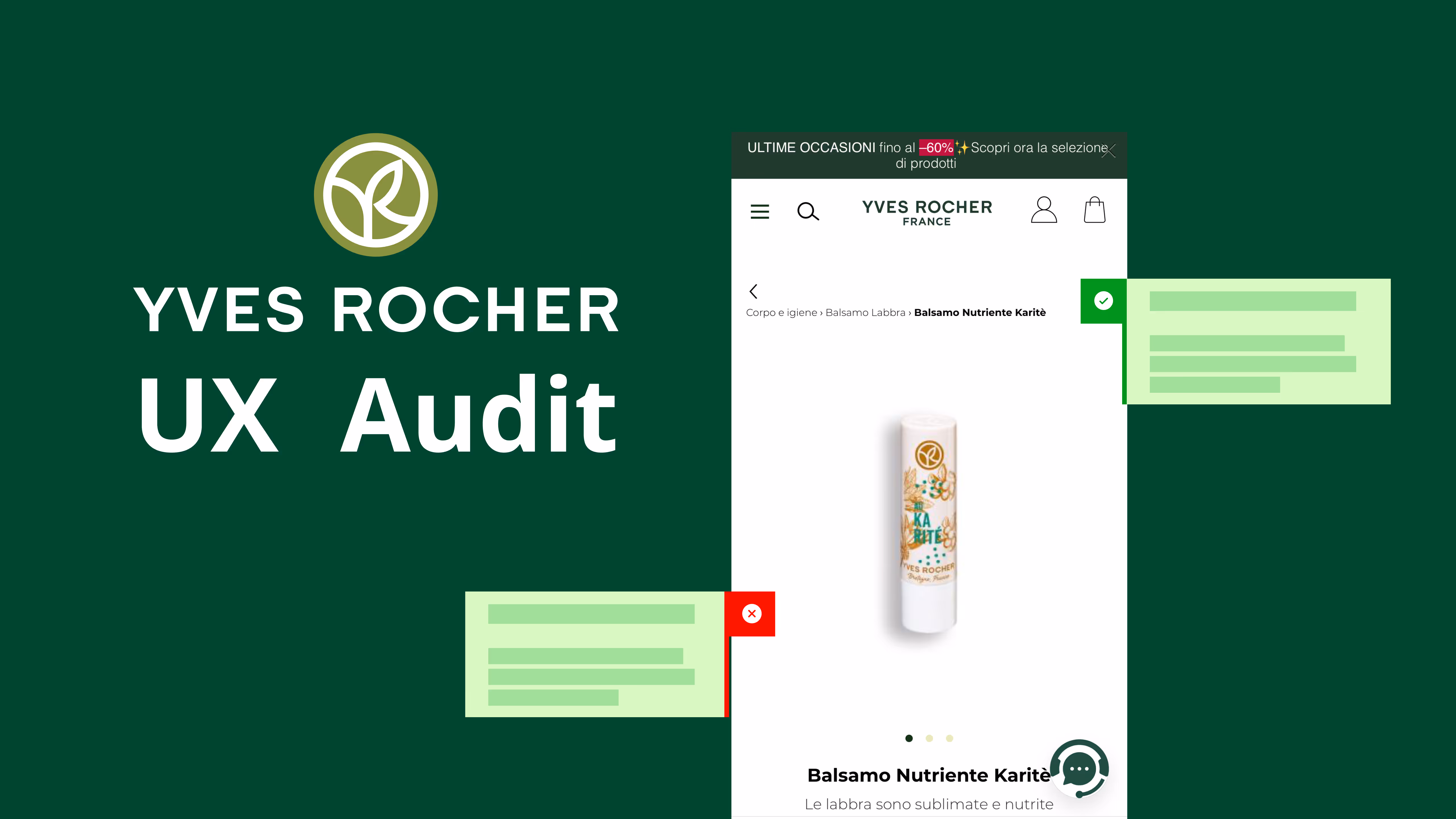Schermata dell’eCommerce Yves Rocher con note e annotazioni dell’audit UX