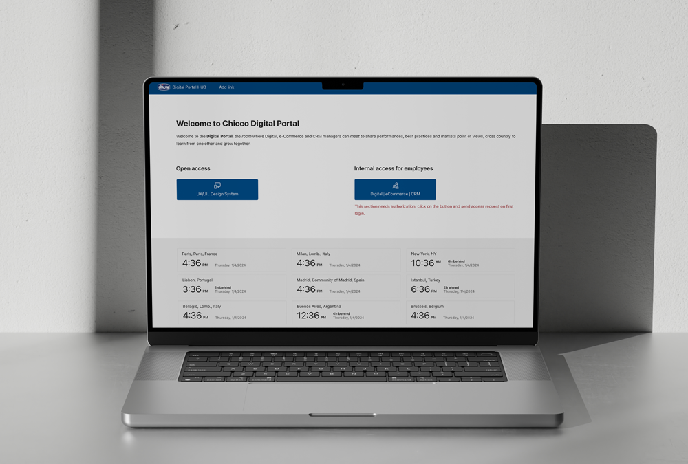 Mockup della homepage del portale SharePoint per il team digitale Chicco, con accesso a documenti e macroaree.