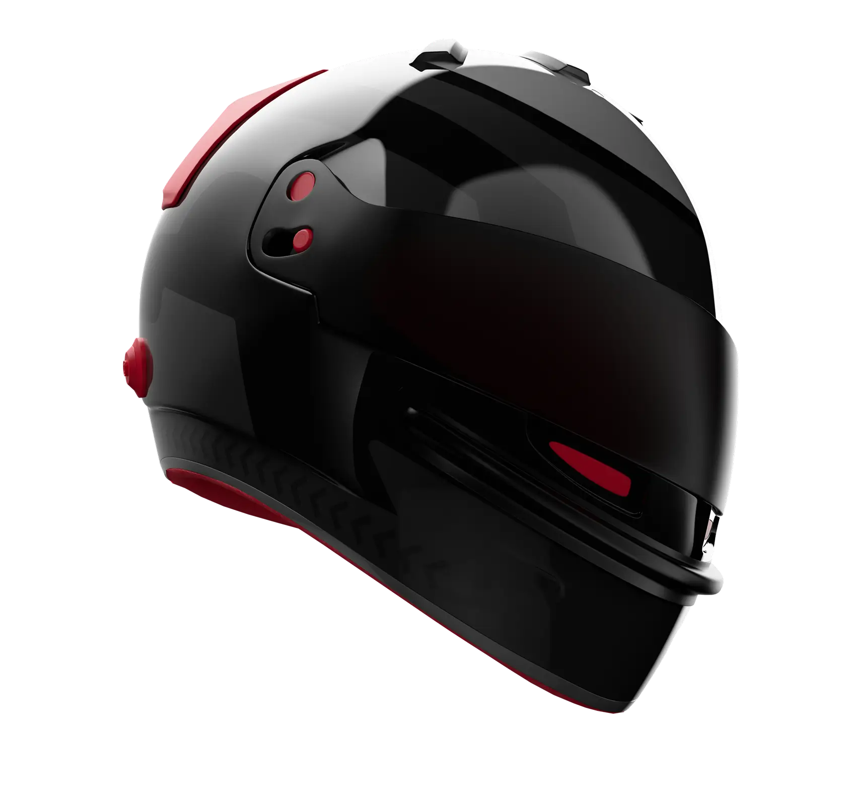 Glossy black full-face motorcycle helmet with red accents and a dark tinted visor.