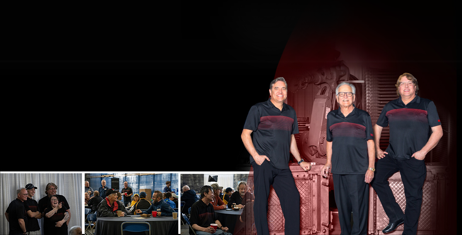 Three men in matching black shirts with red stripes standing in front of industrial machinery, alongside smaller images of groups of people socializing at tables and posing for a photo.