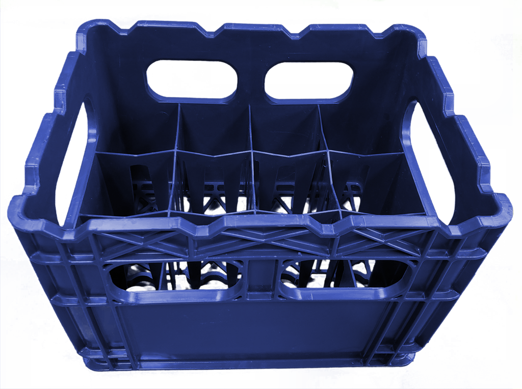Empty blue plastic crate with twelve compartments and handles on each side.