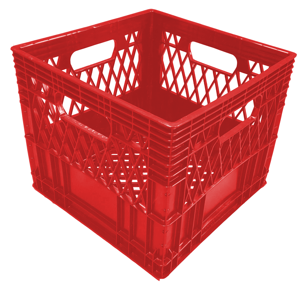 Empty red plastic crate with lattice sides and handles on each side.