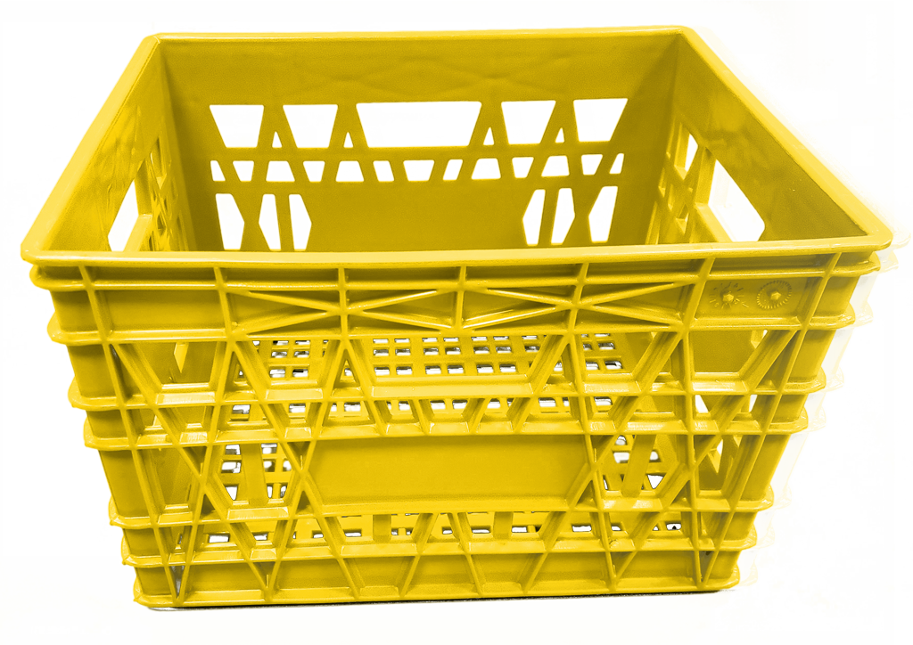 Empty plastic storage crate with ventilated sides and handles.