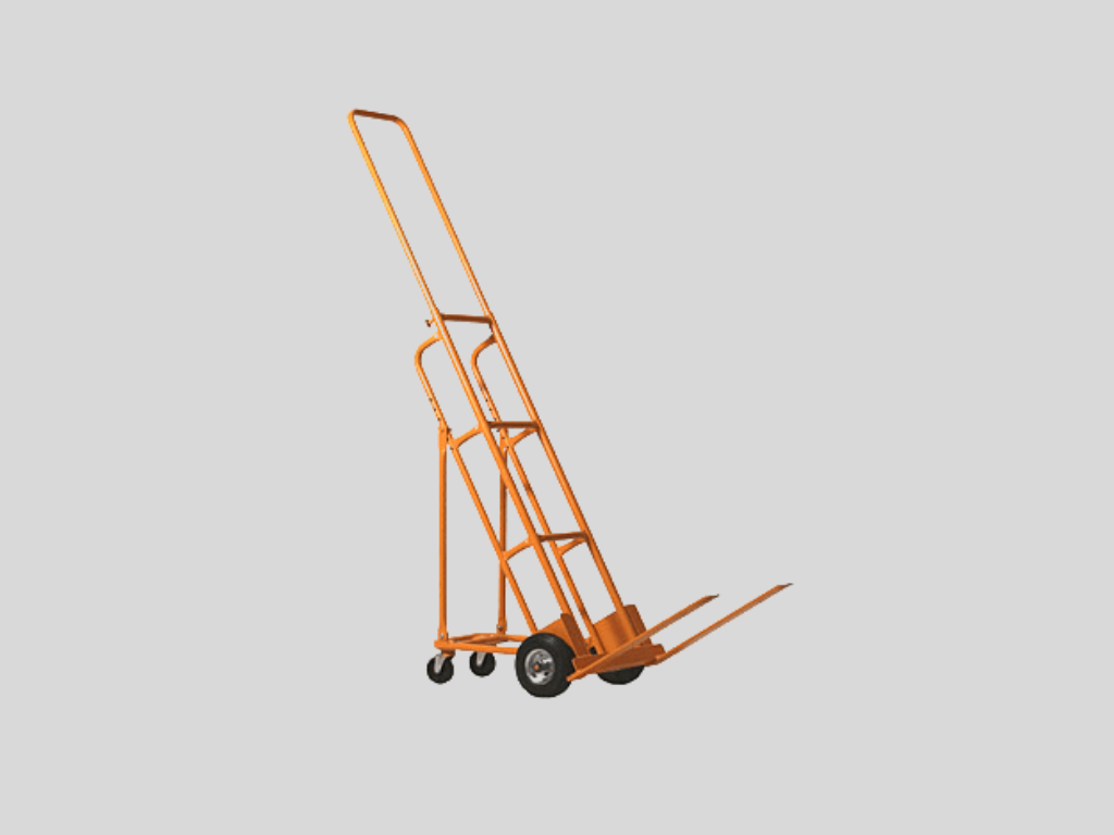 Orange hand truck with two large wheels and two small rear wheels on a gray background.