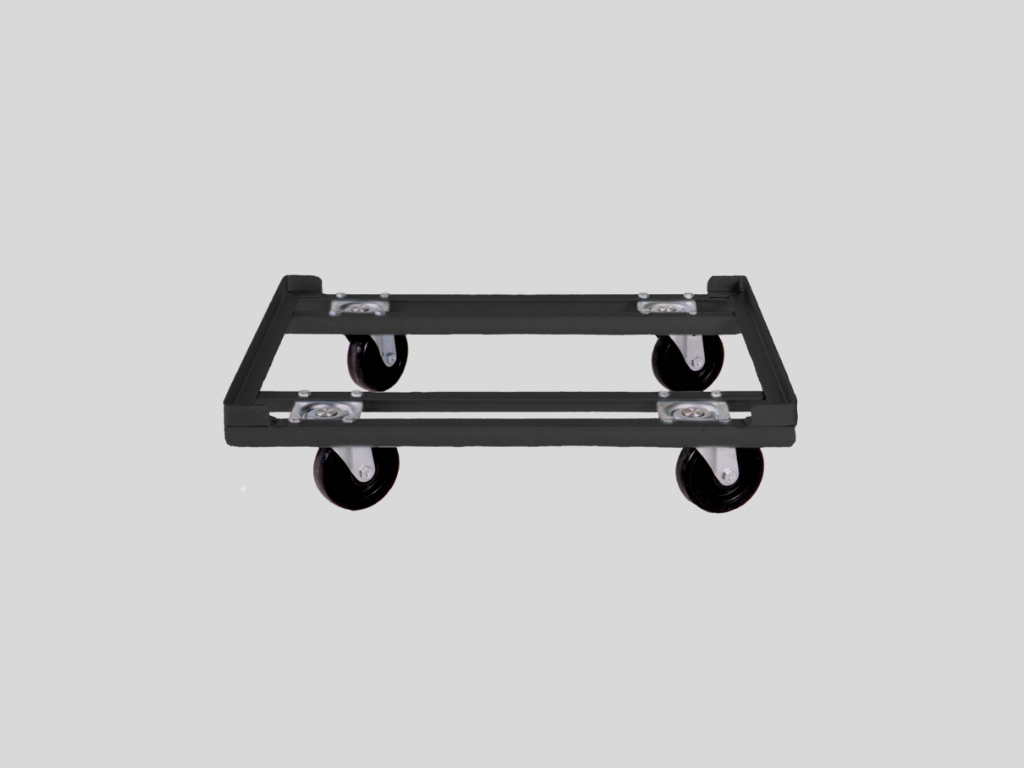 Black rectangular dolly with four swivel caster wheels on a gray background.