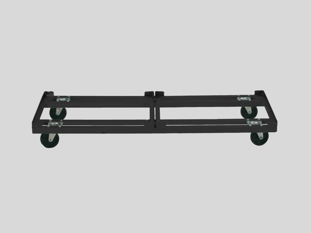 Black rectangular metal base with four caster wheels for moving heavy objects.