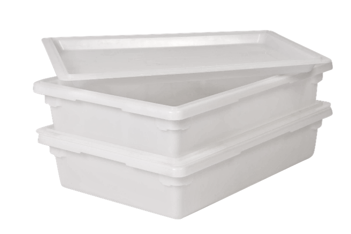 Two stacked white plastic rectangular dough bins, the top one with its lid partially open.