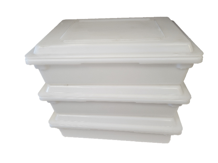 Three stacked white plastic containers with lids.
