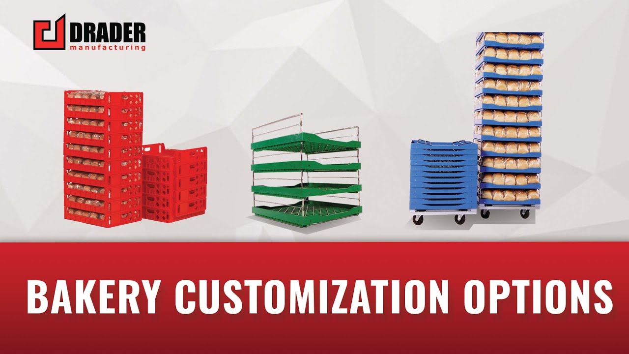 Three types of bakery racks with bread loaves displayed, and text reading 'Bakery Customization Options'.