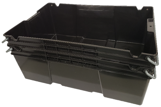 Stack of three black plastic storage bins with metal handles on the sides.