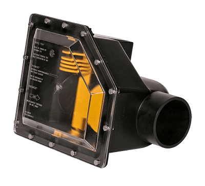 Black plastic valve with a transparent rectangular cover secured by screws and a cylindrical outlet.