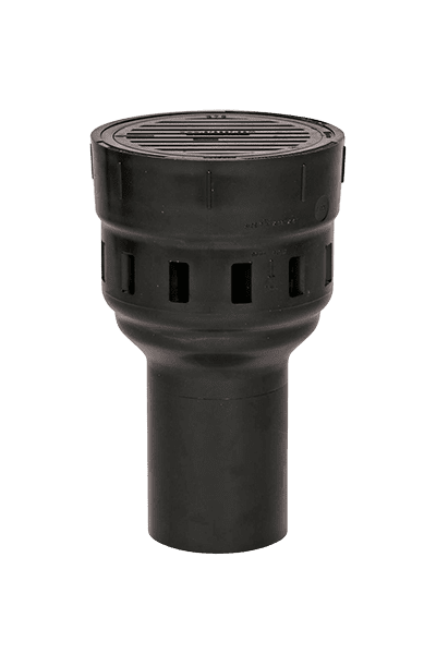 Black cylindrical drainage pipe fitting with a grated top cover and rectangular ventilation slots around the upper section.