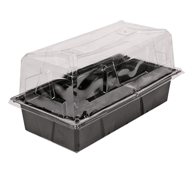 Black rectangular planter tray with a clear plastic dome greenhouse cover.