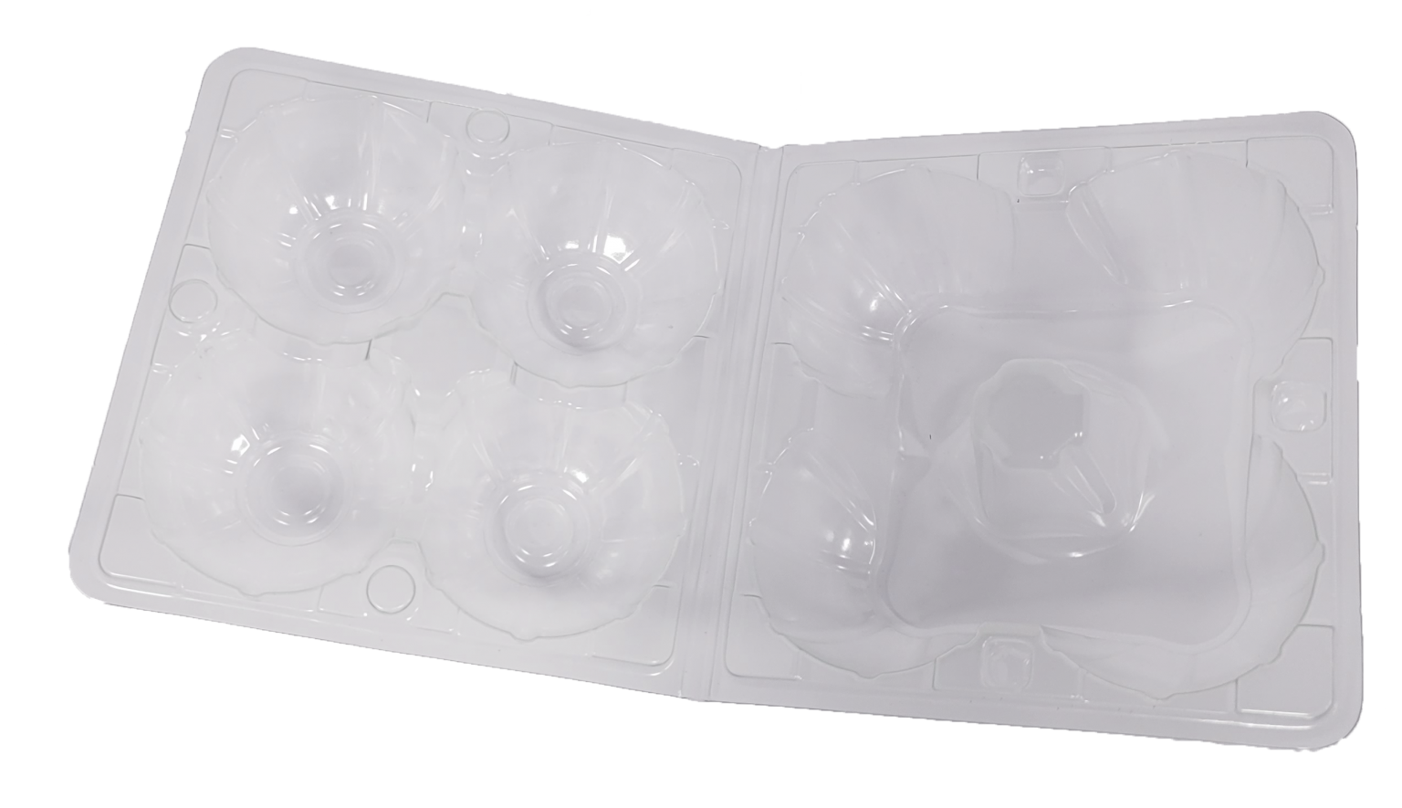 Open transparent plastic container with four egg-shaped compartments on the left and one larger square compartment on the right.