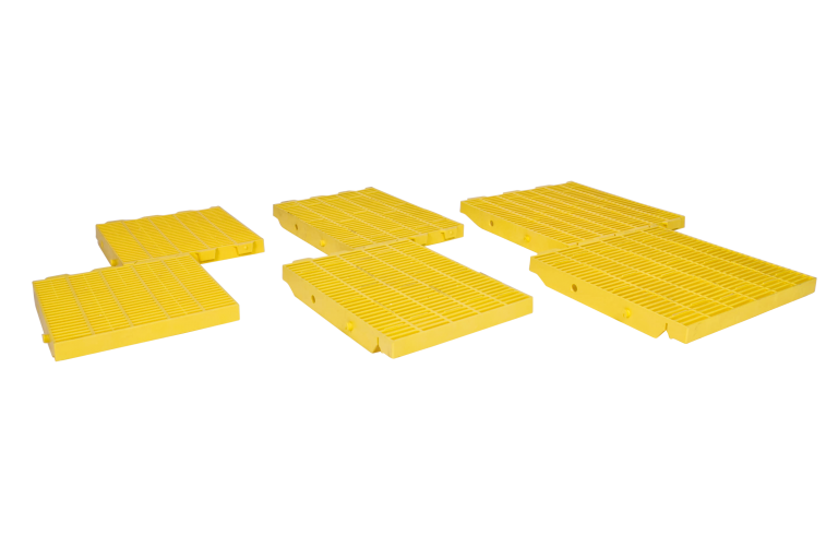 Six yellow rectangular plastic grates arranged in two rows on a white background.