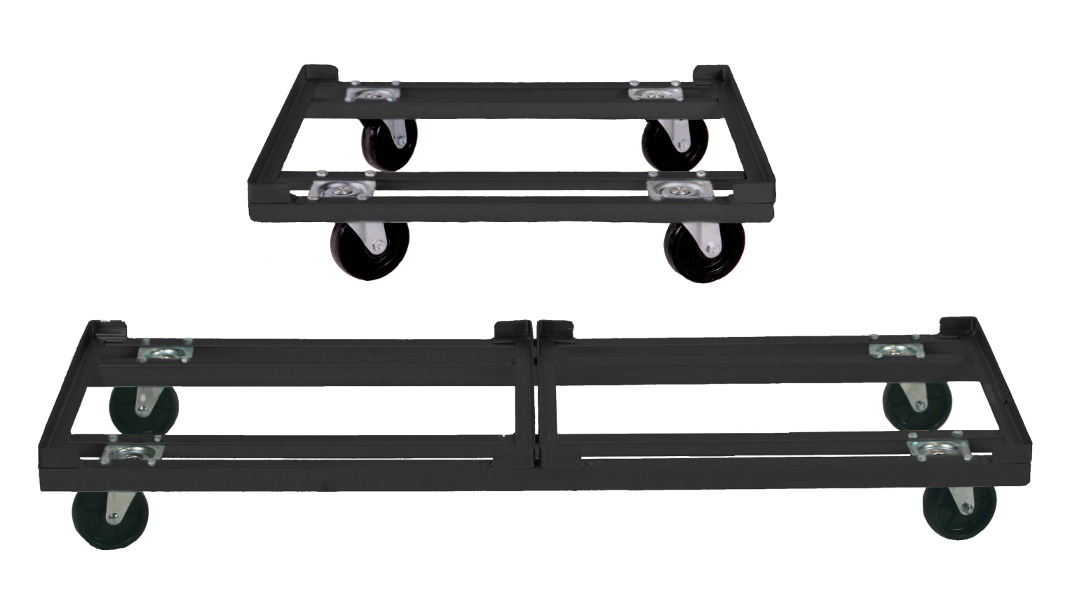 Black metal single and double dollies with four caster wheels each on a transparent background.