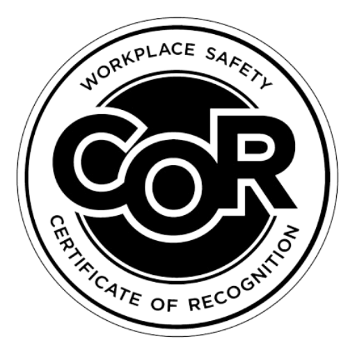 Circular workplace safety Certificate of Recognition (COR) logo with bold letters 'COR' in the center.
