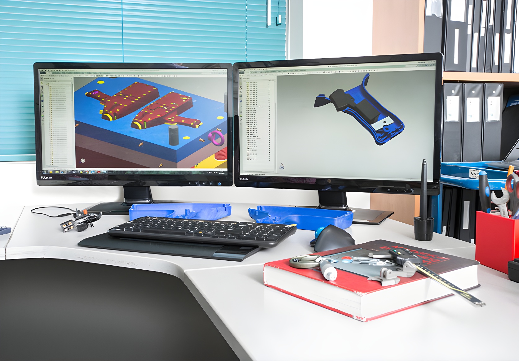 Dual computer monitors displaying 3D CAD models on a white desk with keyboard, mouse, tools, and a large red book.