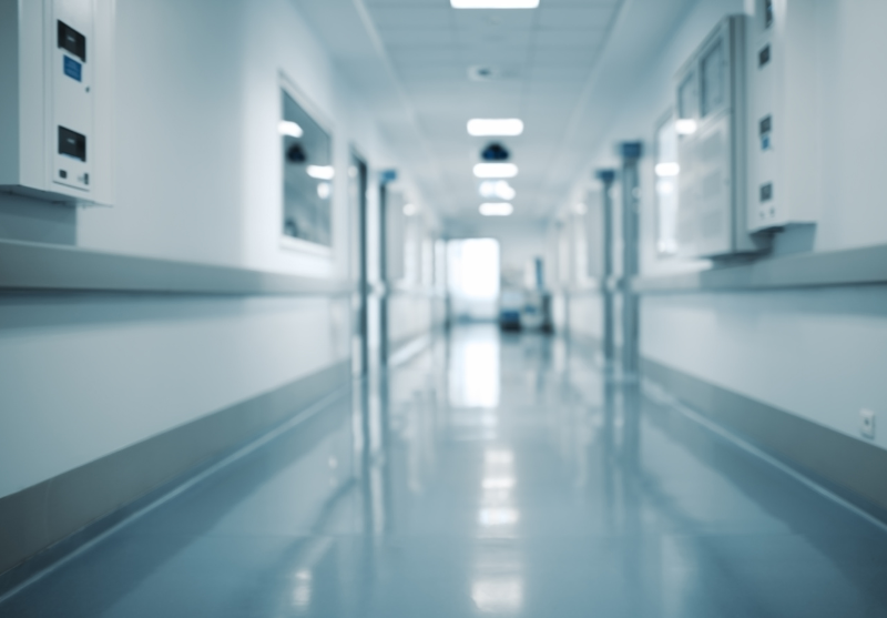 Blurred view of a clean, well-lit hospital corridor with shiny floors and wall-mounted panels.