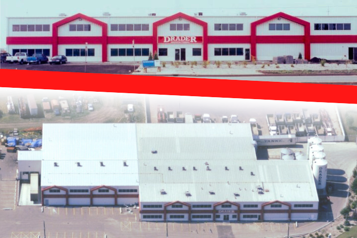Two views of a large industrial building with red framing and white walls, labeled 'DRADER'; one is a frontal view and the other an aerial view showing adjacent parking and equipment.