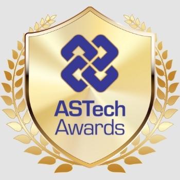Gold shield with blue interlocking design and text 'ASTech Awards' surrounded by a laurel wreath.