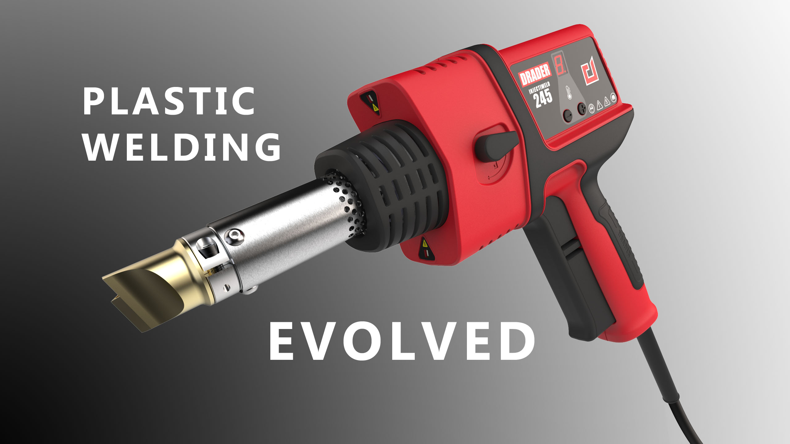 Red and black handheld plastic welding tool labeled Drader Injectiweld 245 on a gray gradient background with text plastic welding evolved.
