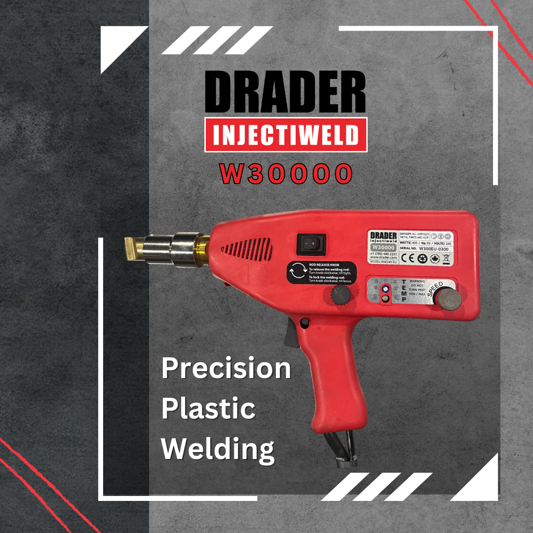 Red DRADER Injectiweld W30000 precision plastic welding tool on a gray textured background.