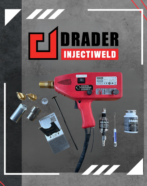 Drader Injectiweld red handheld welding tool with various accessories including nozzles, air filter, needle, and adhesive container.