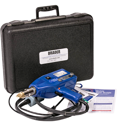 Blue Drader Injectiweld plastic welding tool with attached cord, black carrying case, and quick user guide.